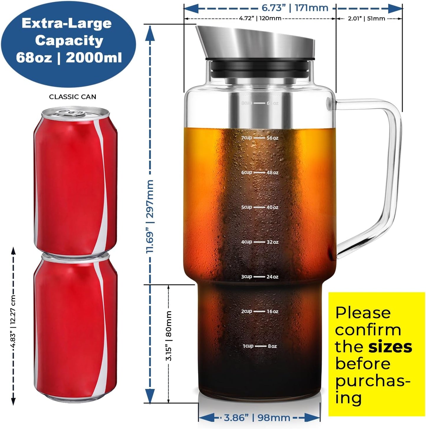 Aquach 68oz Cold Brew Coffee Tea Maker, Glass Pitcher & Stainless Steel Filter, Dishwasher Safe Iced Coffee Tea Maker with Airtight Lid and Large Handle