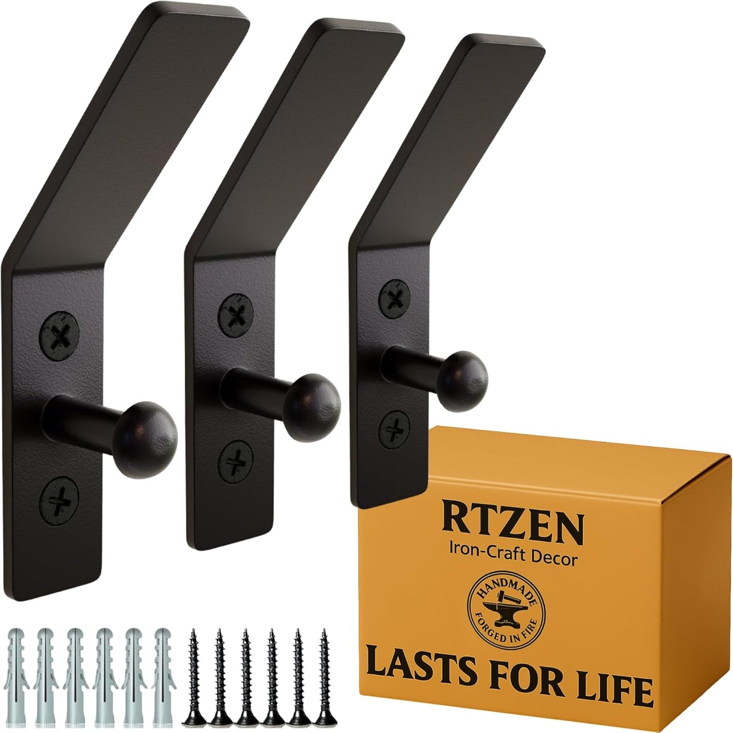 RTZEN Wall Mount Hook Set - Wrought Iron Decorative Rustic Metal Coat Hooks for Hanging - Handcrafted Classic Farmhouse Wall Mounted Black Hooks for Towel Robe or Hat Hanging - 3 Pack