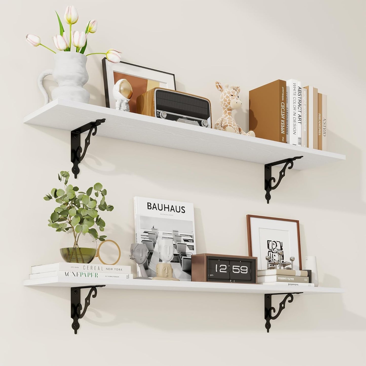 RICHFOCUS Floating Shelves for Wall Decor, 39.4W x 8D Wall Shelves Set of 2, 8 Inch Deep Rustic Wood Shelves Wall Mounted with Brackets, Long Floating Shelves for Living Room Bedroom Kitchen, White