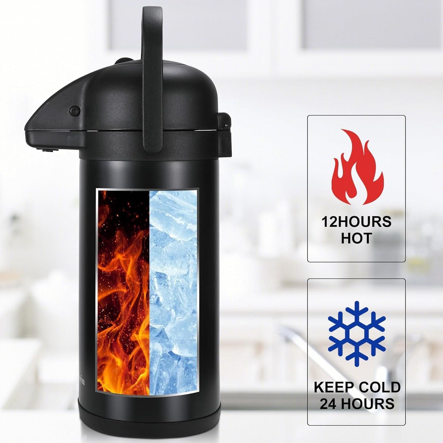 Updated Airpot Coffee Dispenser with Pump, 85 OZ Insulated Thermal Coffee Carafe for Keeping Hot - Cold Water, Party Chocolate Drinks & Stainless Steel Thermos Urn Large Thermal Hot Drink (Black)