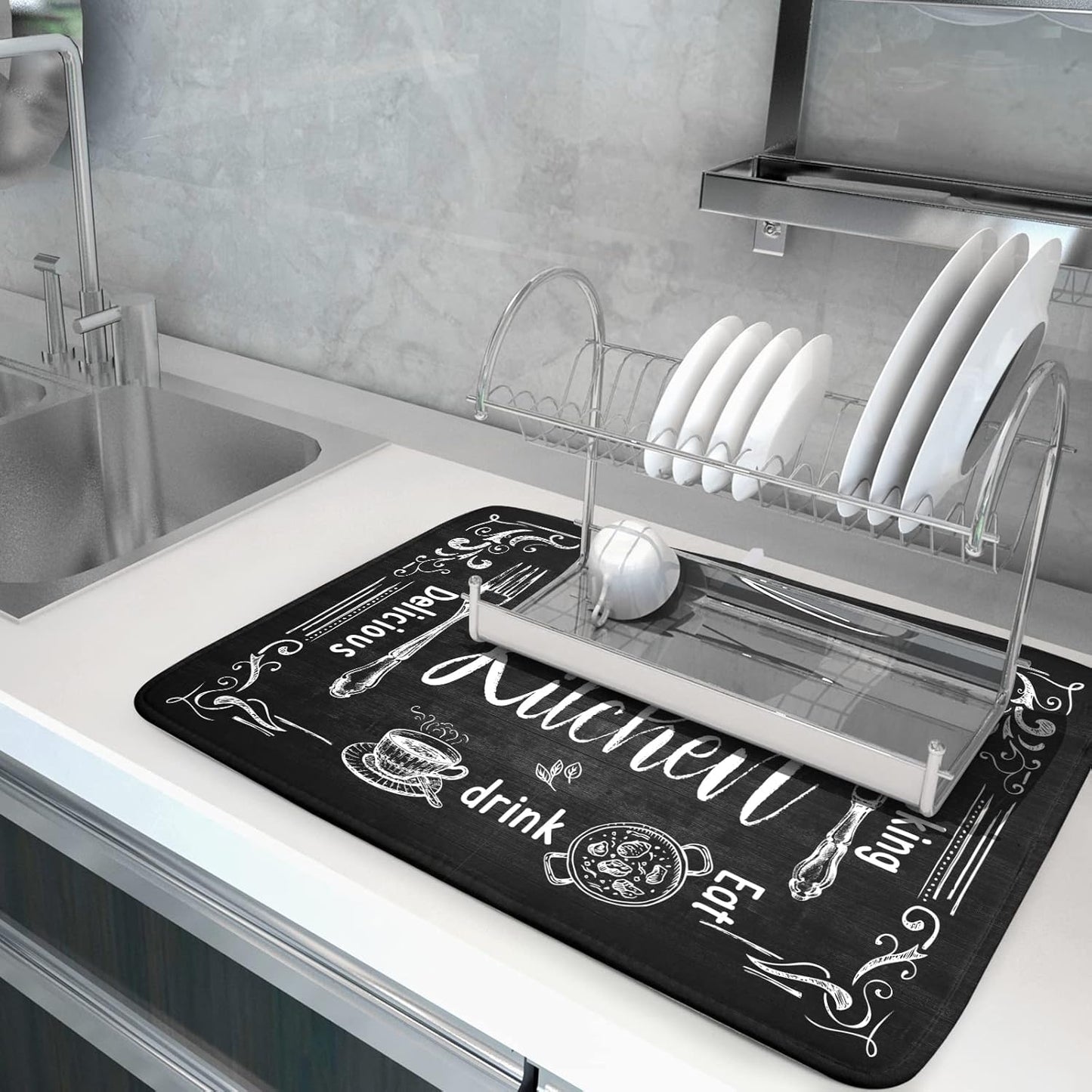 Dish Drying Mats for Kitchen Counter 16 x 18 Inch, Kitchen Drying Mat,Black Coffee Bar Dishes Pad Dish Drainer Rack Mats Absorbent Fast Dry Kitchen Accessories