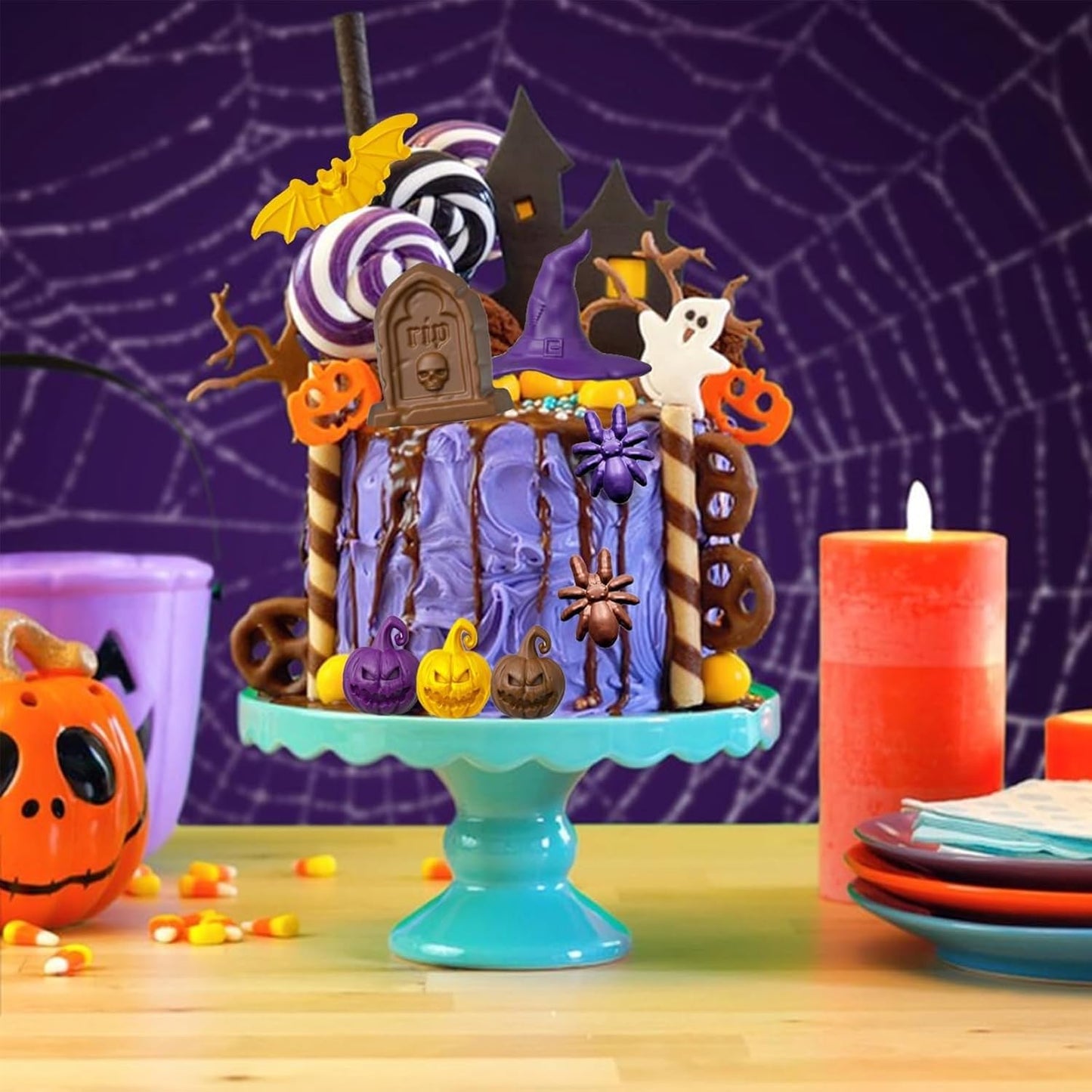 Halloween Chocolate Mold Silicone,18 Cavity Candy Gummy Mold with Pumpkin Wizard Hat Bat Spider Tombstone for Baking Chocolate Jelly Gummy Dessert (2pcs)