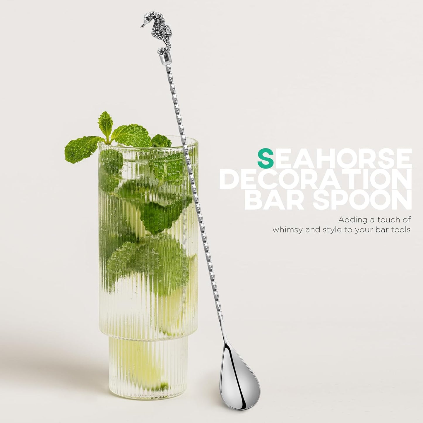 Homestia Cocktail Spoon Bar Stirring Spoon Long Handle Stainless Steel Spiral Pattern Cocktail Mixing Shaker Tool, 12'' Bar Spoons for Professional Home Use Weighted Octopus Seahorse End (Set of 2)