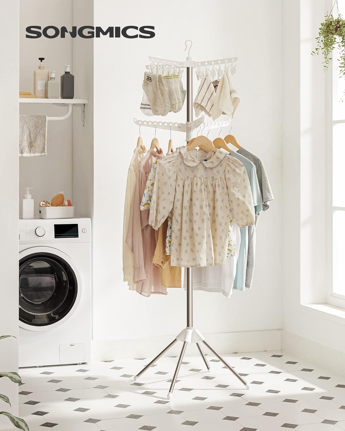 SONGMICS 2-Tier Clothes Drying Rack, 72-Inch Folding Laundry Drying Rack with 3 Rotatable Arms for Hangers, 24 Clips, Stainless Steel, for 27 Pieces of Clothes, White and Silver ULLR512W01