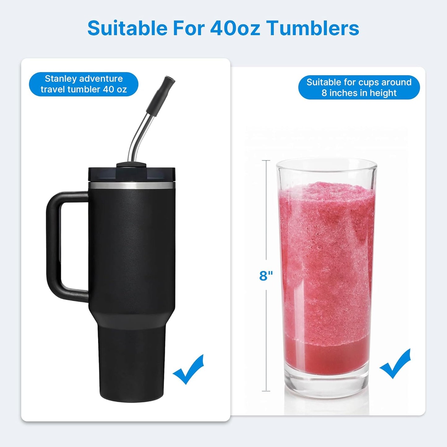 Repeatable Metal Straw with Silicone Tips for 40 oz Stanley Tumbler, 2 Pcs 40 oz Stainless Steel Straws Replacement for Stanley Tumbler, 1 Straw Brush, BPA Free（Black）