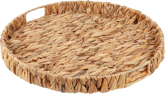 Round Ottoman Tray Large Wicker Serving Tray with Handles for Coffee Table, 20 Inch Handwoven Natural Water Hyacinth Tray