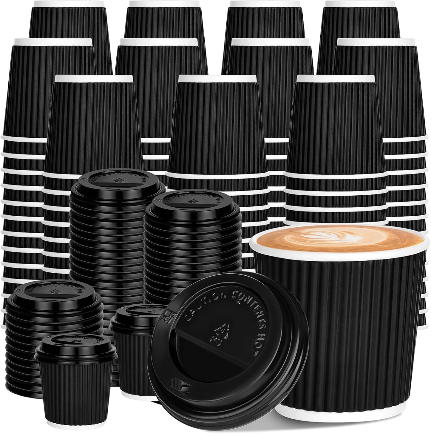 100 4oz Disposable Espresso Cups with Lids Ripple Corrugated Paper Disposable Coffee Cups Cups for Hot Chocolate, Tea, and Cocoa Drinks (Black)
