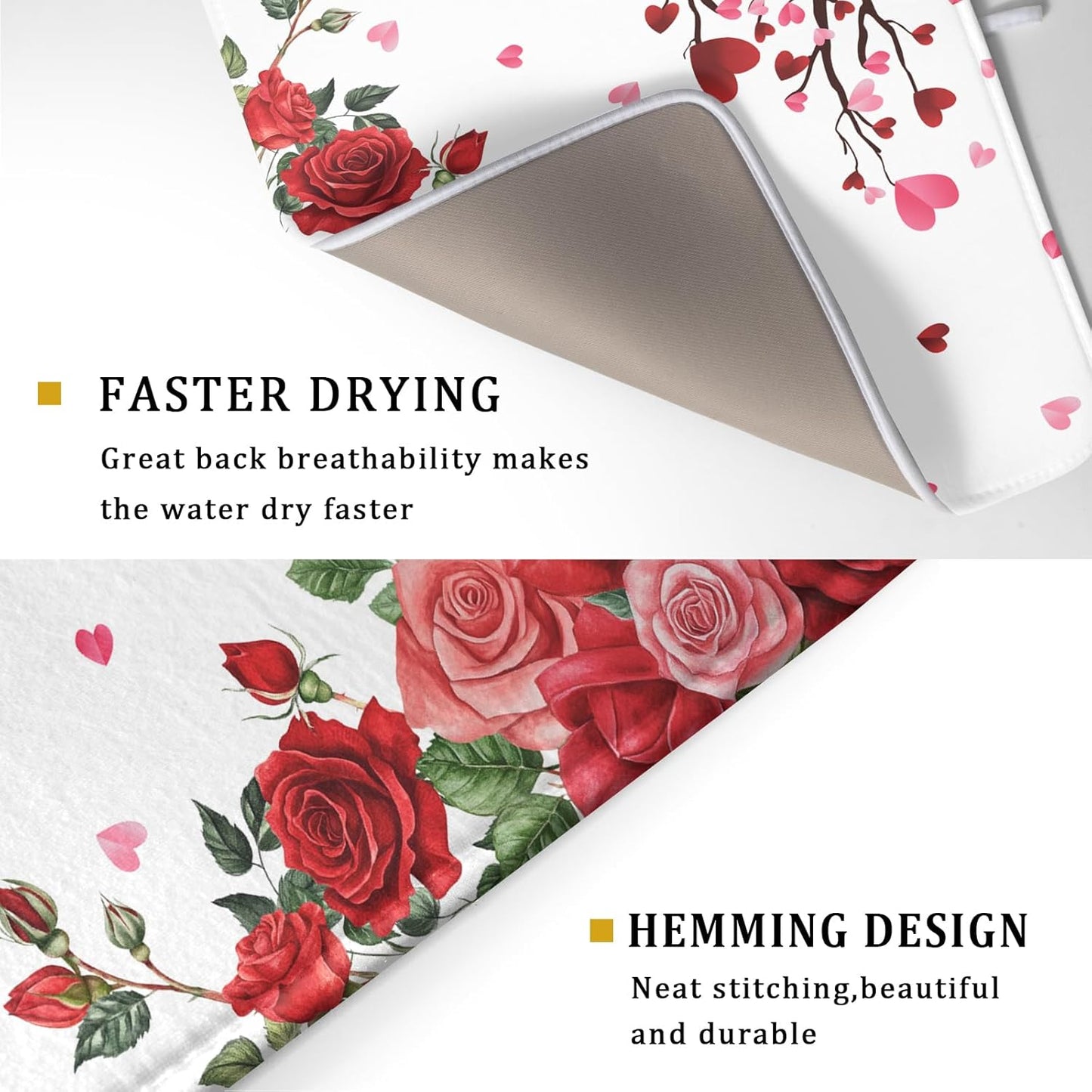 Giwawa Happy Valentines Day Dish Drying Mat for Kitchen Countertop, Red Love Hearts Rose Flowers Dish Drainer Mats, Romantic Absorbent Dish Drying Pad Wedding Decor, 18"x24", Large