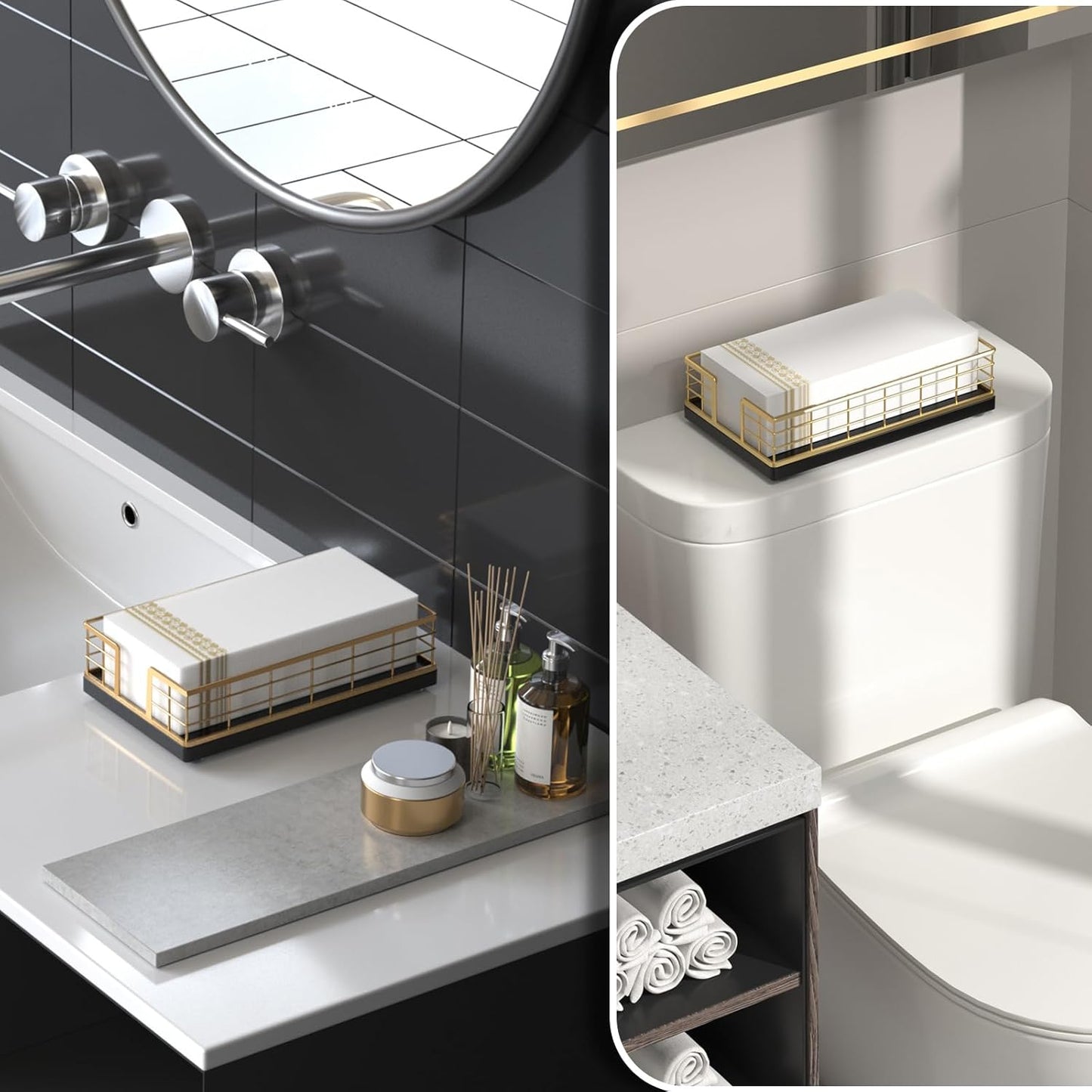 Wican Guest Towel Holder Tray for Bathroom, Oak and Iron Napkins Holder for Powder Room Dinning Table Wooden Basket for Disposable Paper Hand Towels Gold and Black