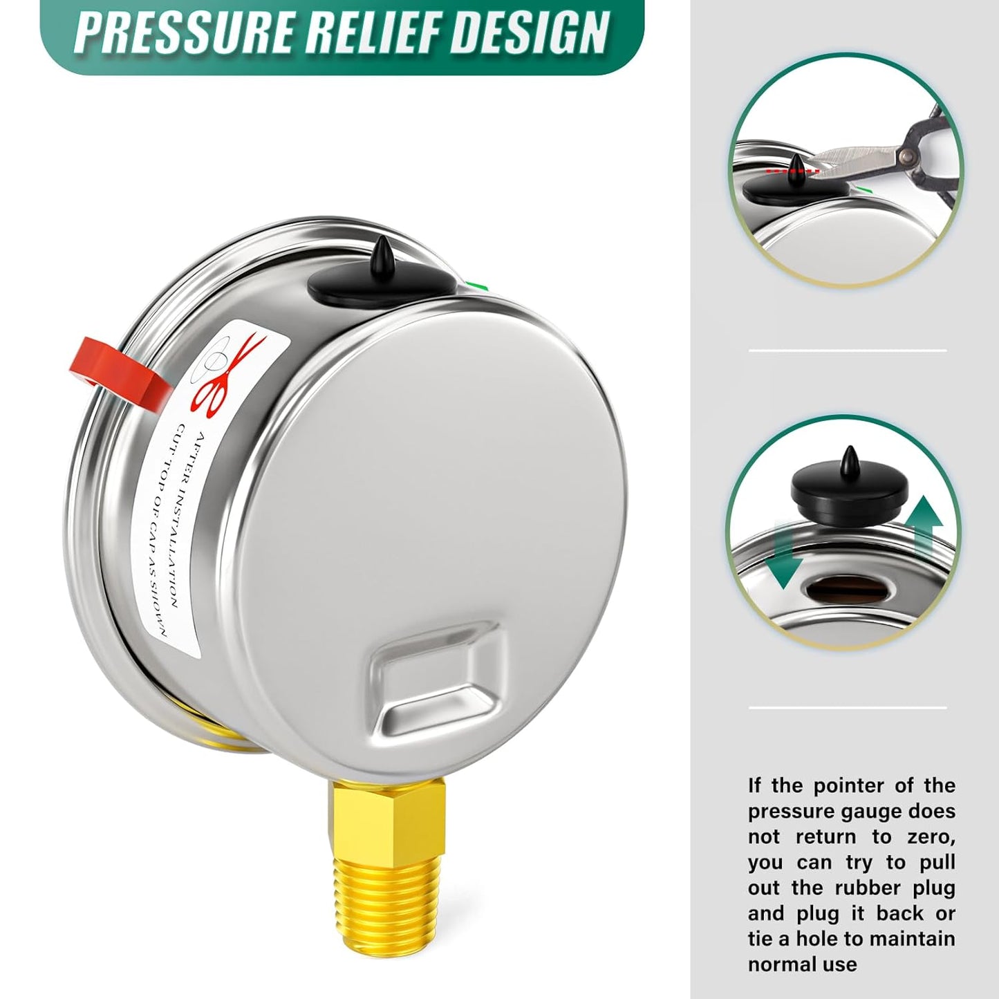 -30inHG-0psi Stainless Steel Glycerin Liquid Filled Vacuum Pressure Gauge 1/4" NPT 2.5" Face Dial Center Lower Mount, for Water, Oil and Air Pressure Testing (with Range Mark Pointer)