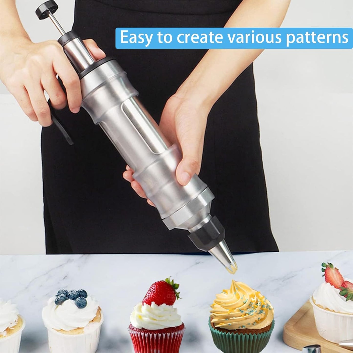 FANTEXY Dessert Decorating Syringe Set, Icing Piping Kit Stainless Steels Cake Decorating Tools 6 Piping Icing Nozzles Cupcake Decorating Kit