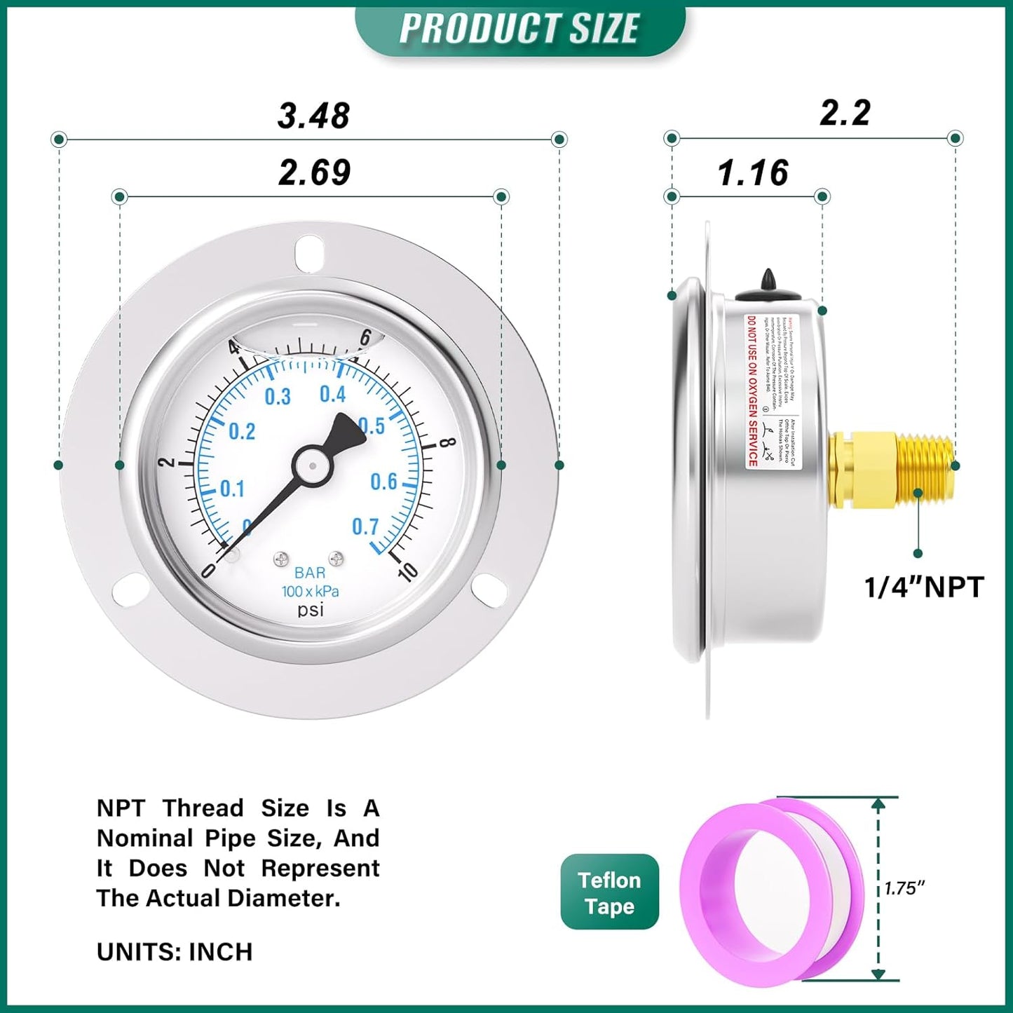 0-10PSI Panel Mount Front Flanged Glycerin Filled Pressure Gauge, 2.5" Dial Size, 1/4" MNPT Back Mount, Stainless Steel Case, with Phillips Screw and Nut, for Water, Gas, Liquid Pressure