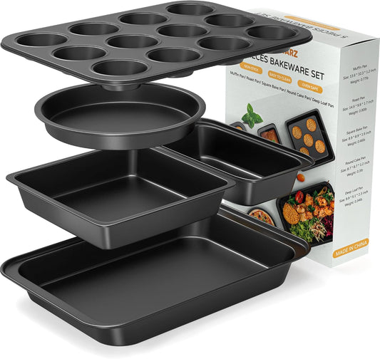 5 Pieces Baking Pans Set, Nonstick Baking Sheet Tray Oven Pans Bakeware Set, Baking Supplies with Round/Square Cake Pan, Muffin Pan, Loaf Pan, Roast Pan, Stackable Baking Sets for Cooking