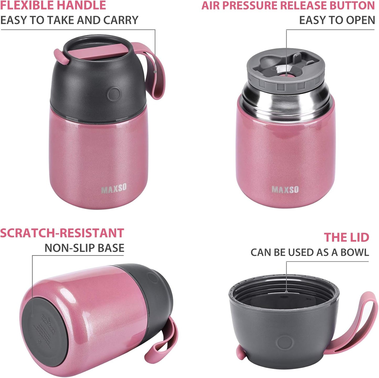 Insulated Food Jar for Hot & Cold Food for Kids Adult,17 oz Soup Thermo Hot Food Containers for Lunch, Triple Layer Insulation Stainless Steel Food Jar with Spoon (Pink)
