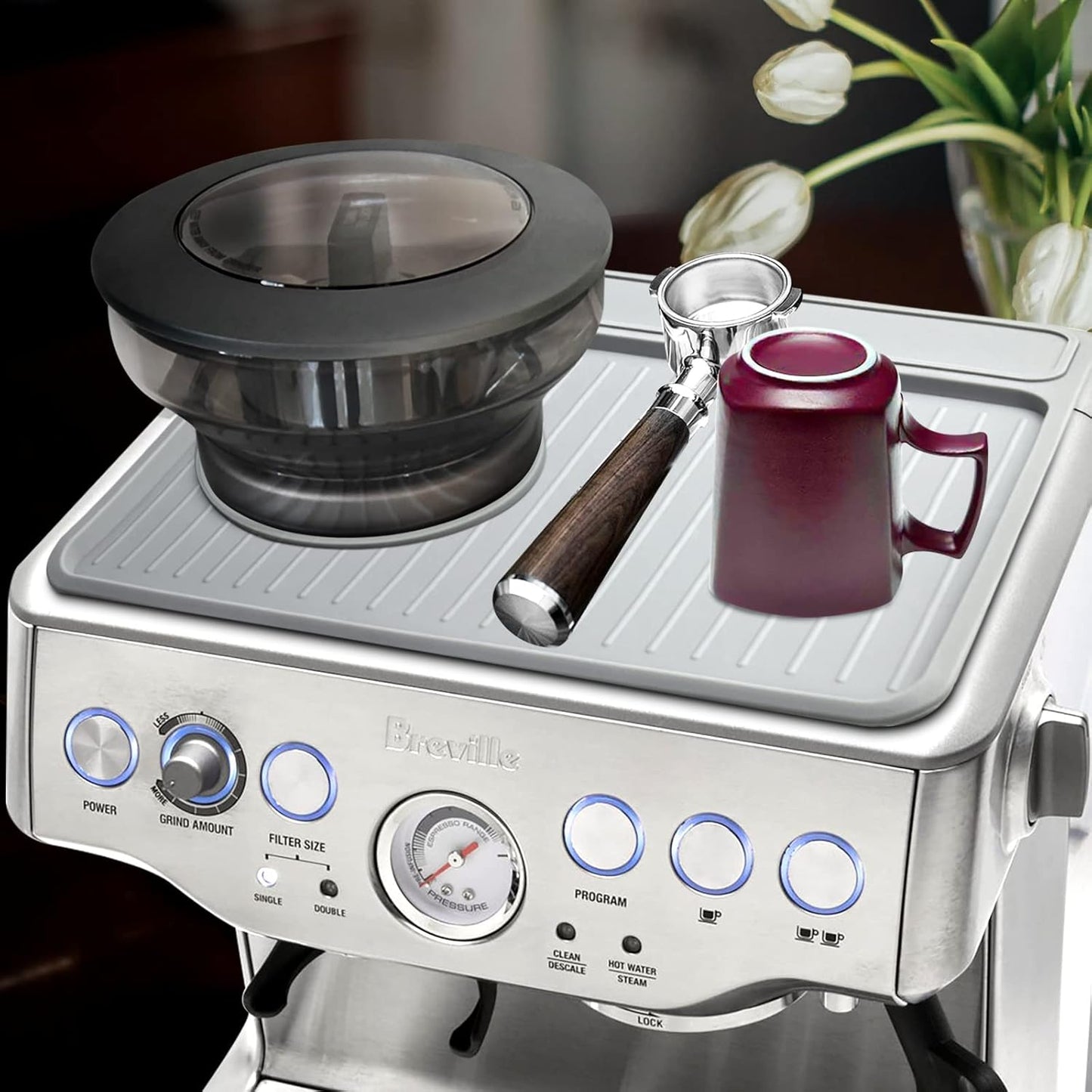 Tamping Mat for Breville 870/880, Espresso Tamper Mat for Barista Touch/Express, Silicone Prevent Scratching, Top Mat for Breville Espresso Machine Accessories, Waterproof Heat Resistant(Grey)