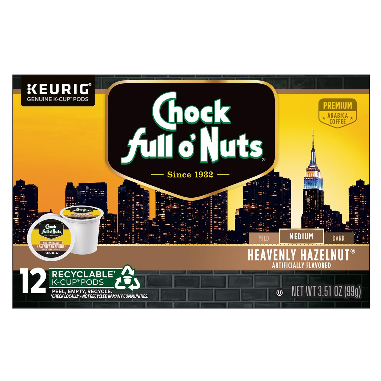 Chock Full o'Nuts Heavenly Hazelnut Coffee, Compatible with K-Cup Pods, 12 CT (Pack of 2)
