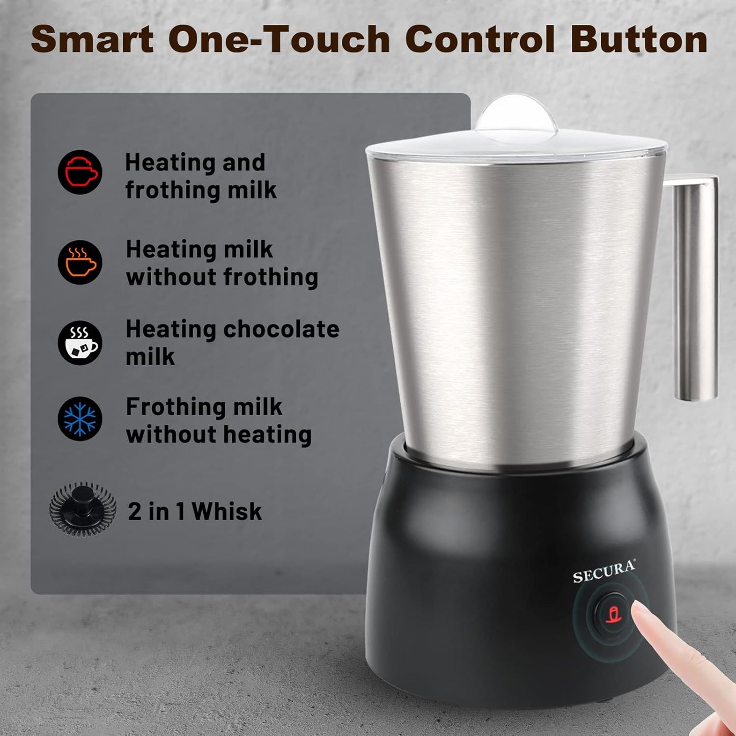 Secura 17oz Detachable Milk Frother and Steamer, Stainless Steel Electric Hot/Cold Foam Maker for Lattes, Cappuccinos & Hot Chocolate, Upgraded 2-in-1 Whisks, Non-Stick & Teflon-Free Design
