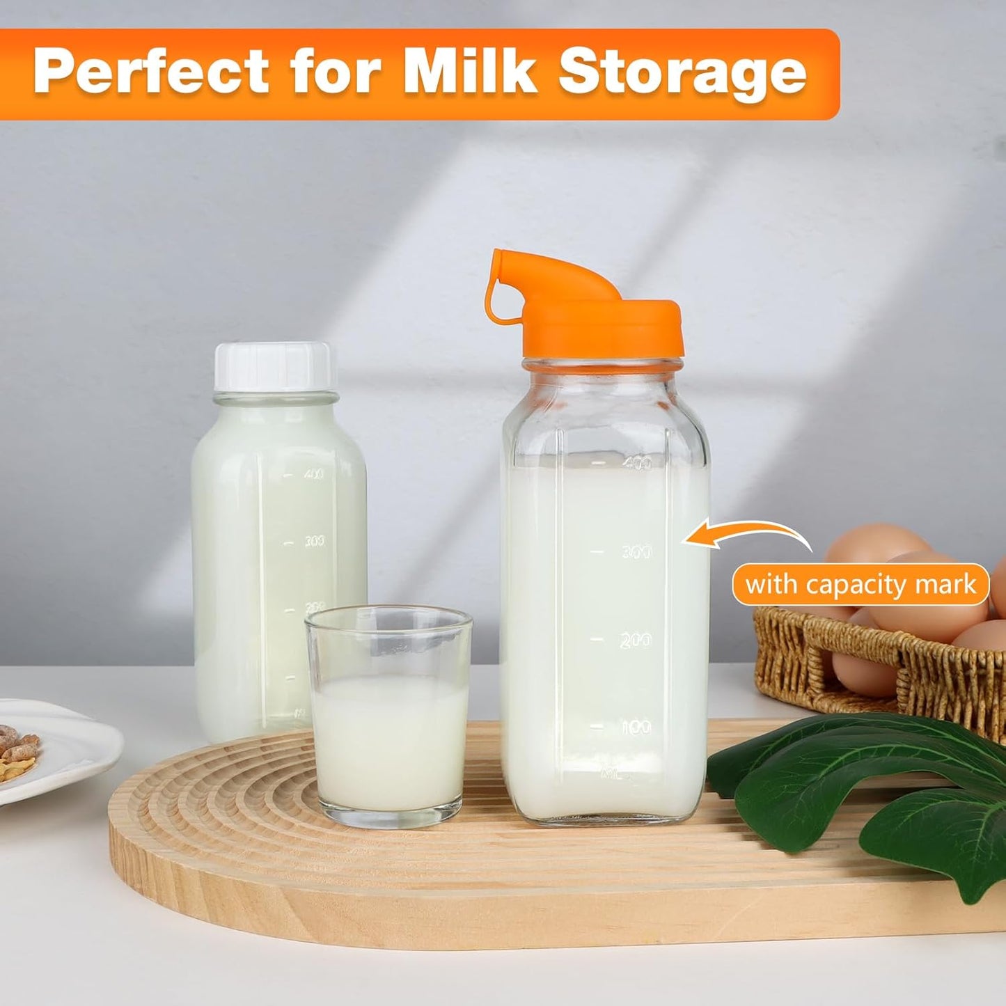 4 Pack 16 OZ Glass Milk Bottles with Lids, Glass Juice Bottles with Scale & Silicone Pour Spout, Reusable Juice Containers Square Drinking Jars for Milk, Coffee, Smoothies, Water