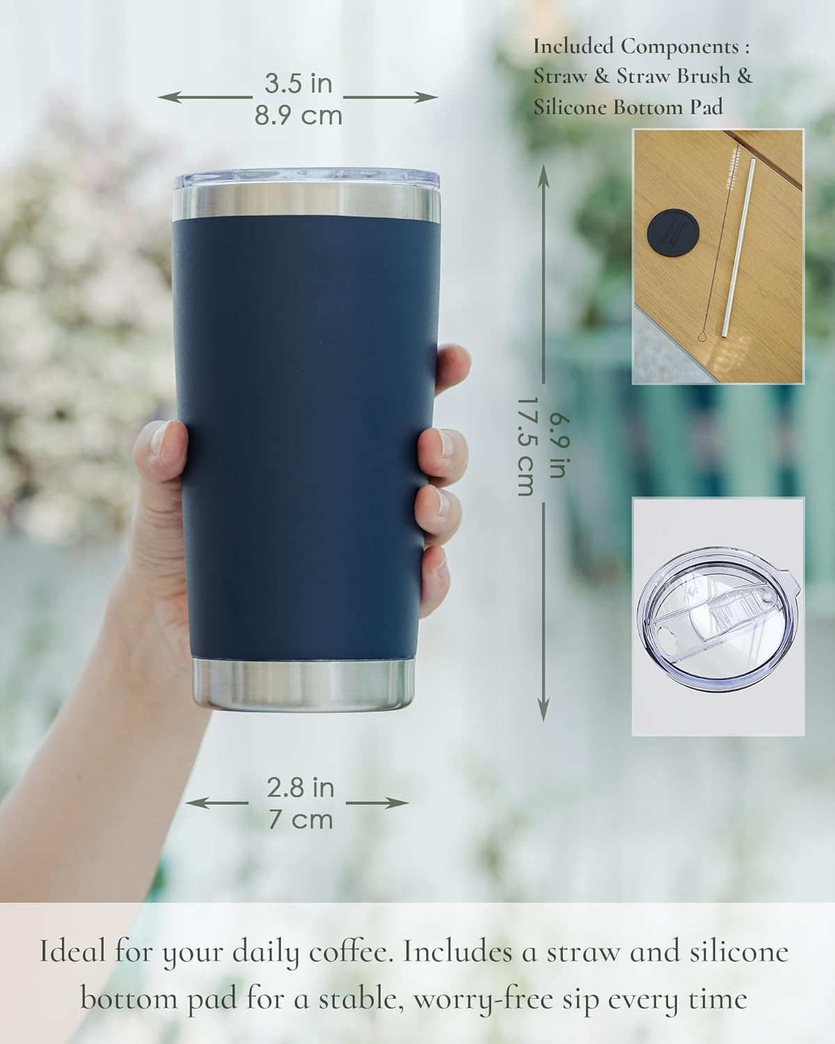 Travel Coffee Tumbler 20oz, 12 Pack Leakproof Travel Coffee Mug with Lid and Straw, Stainless Steel Double Wall Vacuum Insulated Tumbler for Hot/Iced Drinks (Textured Matte, Navy Blue)