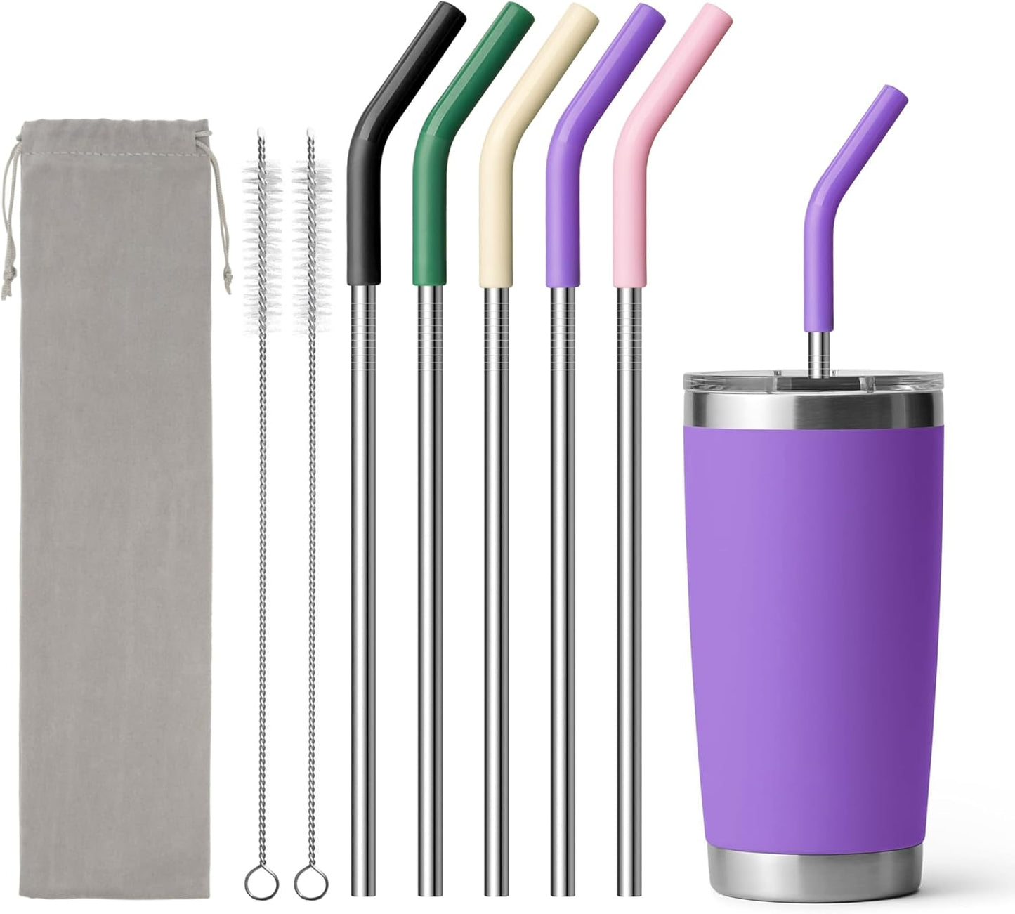 Stainless Steel Straws for 20 oz Yeti Tumbler, 5 Pcs Metal Straws Reusable with Silicone Tip for 20 oz Stanley Cup and 16 oz Glass Tumbler, Cleaning Brush, 1 Portable Bag