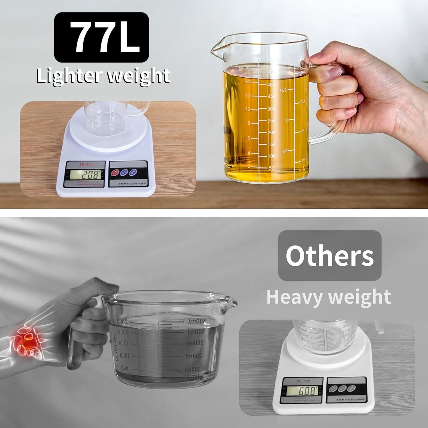 77L Glass Measuring Cup, [Insulated handle, V-Shaped Spout], High Borosilicate Glass Measuring Cup for Kitchen or Restaurant, Easy To Read, 500 ML (0.5 Liter, 2 Cup)