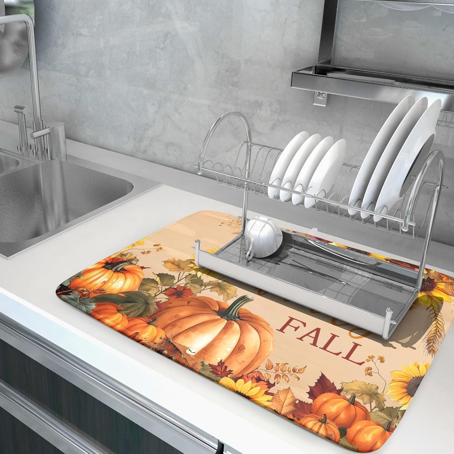 Fall Pumpkin Sunflower Dish Drying Mat 18”x24” Faith Family Fall Drying Mat for Kitchen Counter Absorbent Autumn Orange Pumpkins Thanksgiving Dishes Pad Drainer Mat Protector for Kitchen Fast Dry