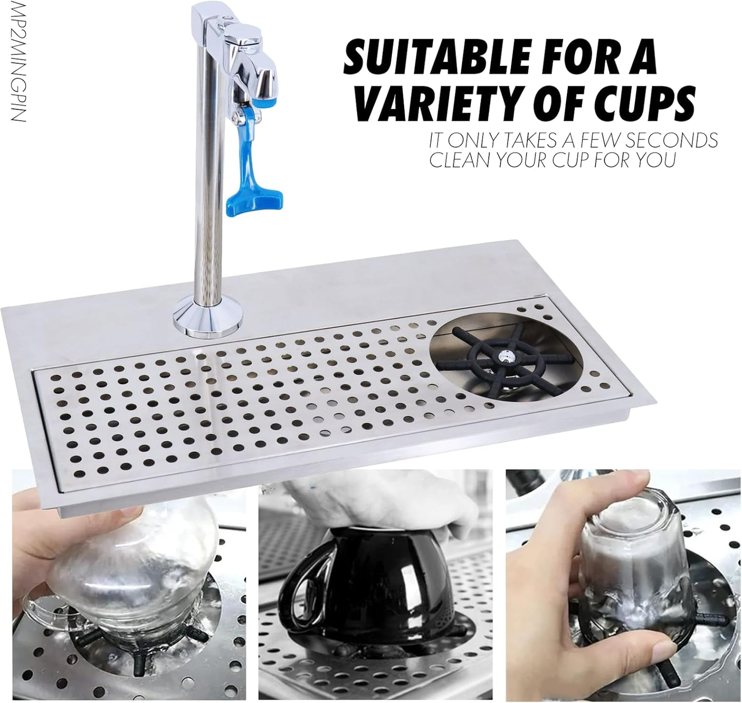 Pitcher Rinser, Stainless Steel Recessed Countertop Cup Washer with Glass Filler Faucet and Drain pan for Home Bar cafe shop (rinser calibre 114MM)