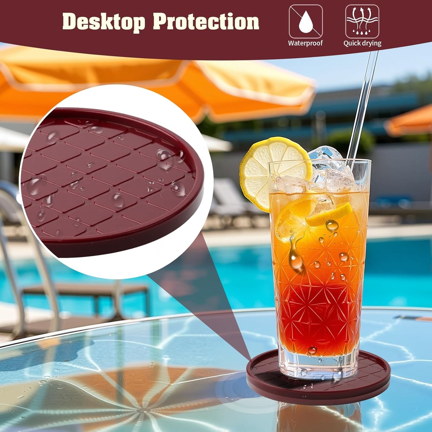 Coasters,Drink Coasters Set of 8 with Holder (Wine red, 12pcs)