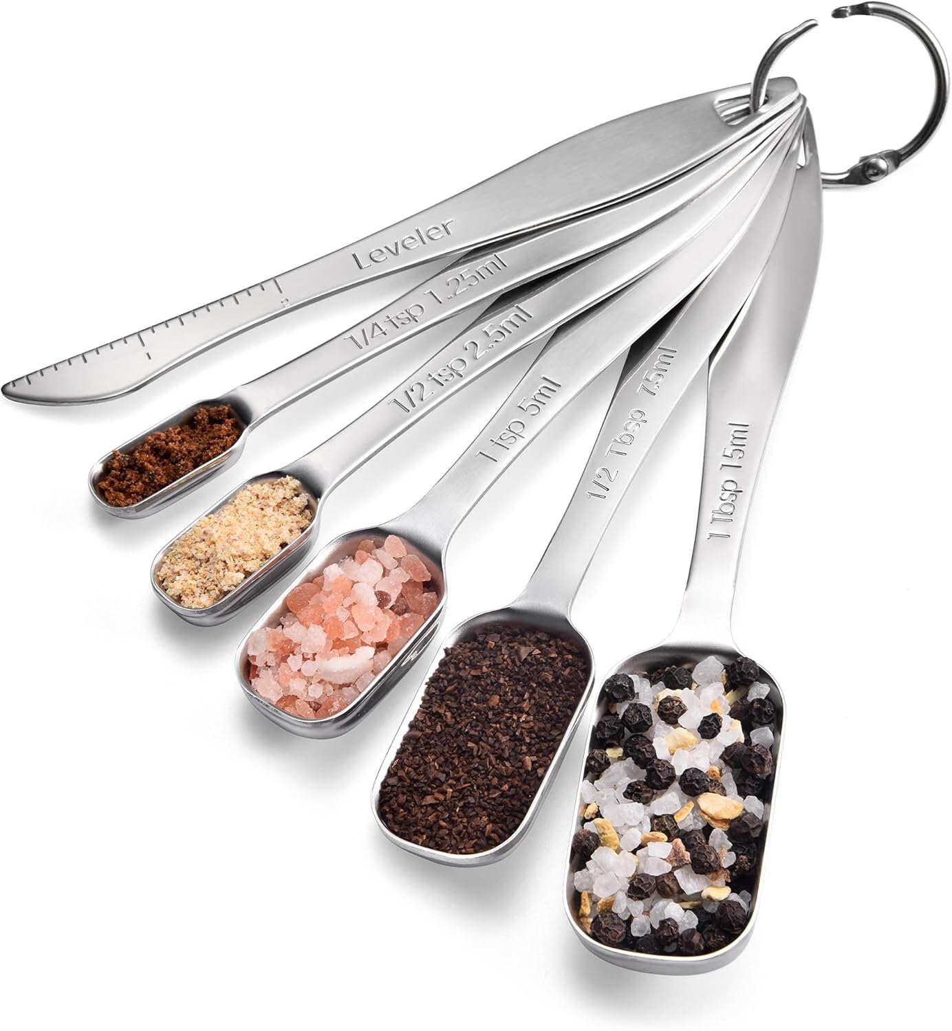 18/8 Stainless Steel Measuring Spoons: Doosu Heavy Duty Rectangular Spoon Square Teaspoon Tablespoon Scoop with Slim Long Handle in Narrow Spice Jar for Kitchen Baking Cooking (Set of 6 with Leveler)