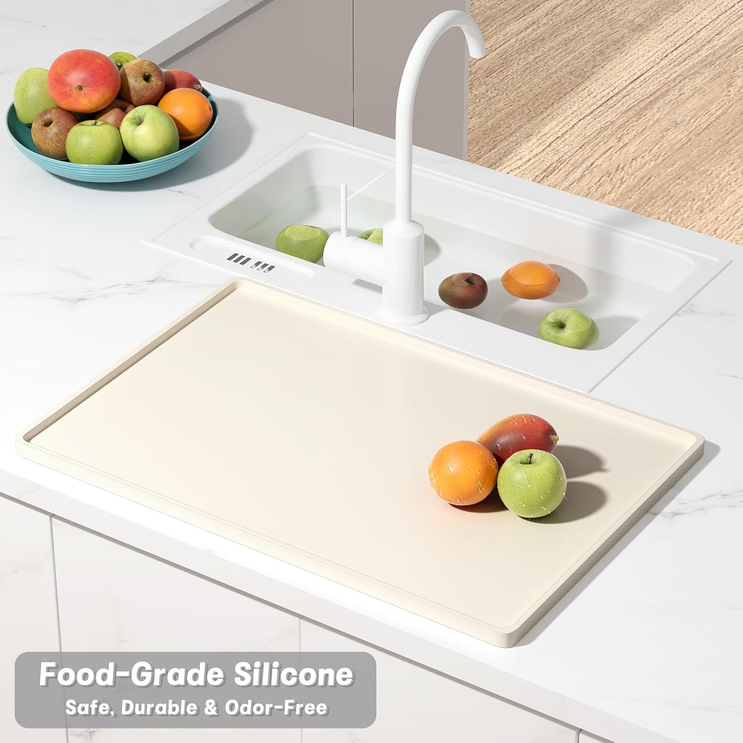 Rnivvi Silicone Coffee Mat, 16" x 24" Waterproof Raised Edge Coffee Bar Mats for Espresso Machine Station Accessories, Heat Resistant Dish Drying Pad for Kitchen Counter, Rubber Bar Decor Pad, Beige