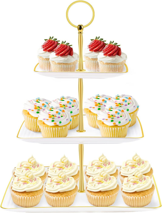 Hoedia 3 Tier Cupcake Stand Tower, Plastic White Cup Cake Holder for Dessert stands, Tiered Serving Tray for Tea Party, Birthday Party, Wedding Decor and Baby Shower(Square)