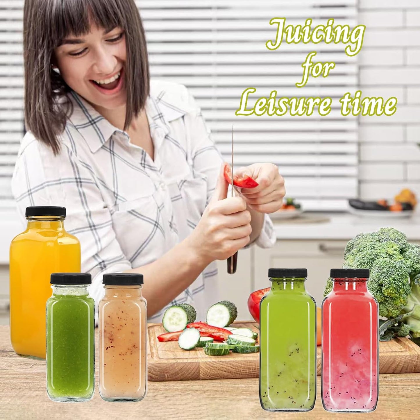 6 Pack 12oz Glass Water Bottles, 350ml Empty Glass Juice Bottles with Black Lids, Brush & Labels, Clear Reusable Drinking Jars for Juicing, Homemade Smoothies, Beverages