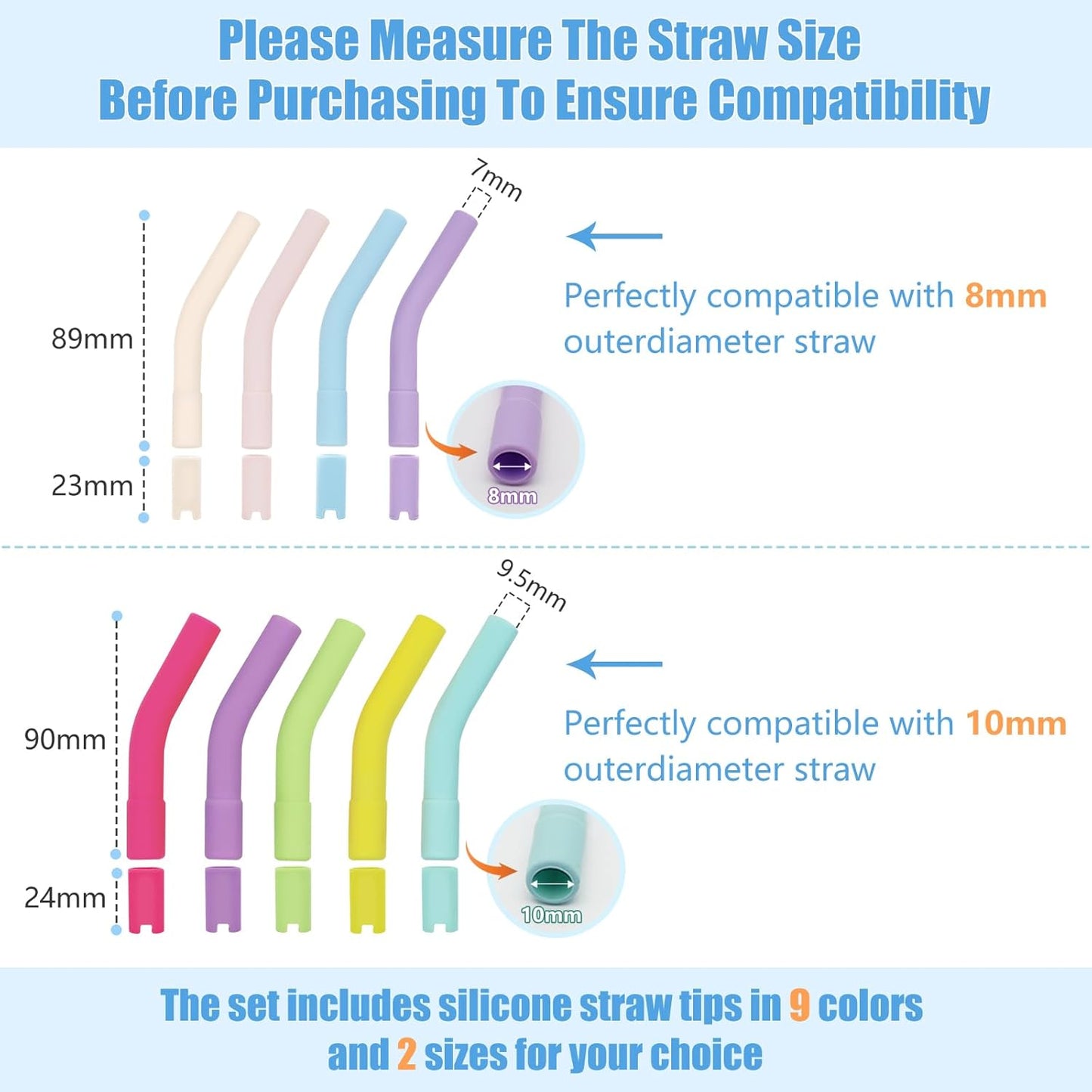 KEIFIN 18 Pcs 8mm 10mm Silicone Straw Tips with Bottom Sleeve Reusable Food Grade Rubber Straw Tips for Metal Glass Straws Replaceable Flex Toppers Elbow Covers for 8/10mm Outer Diameter Straws