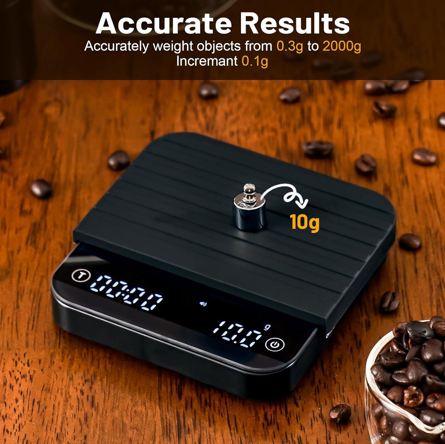 KitchenTour CaféMetric Coffee Scale with Timer 0.1g/2000g - Precision Scale for Espresso & Pour Over - Water Flow Speed Mode and Coffee Powder-to-Liquid Ratio Mode - Rechargeable, LCD Display-Black