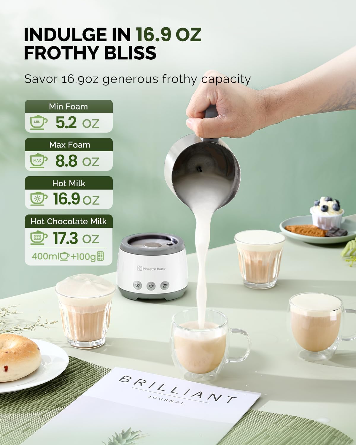 Maestri House Milk Frother, 4-in-1 Electric Milk Steamer and Frother, 16.9OZ 600W Smart Touch Control Hot and Cold Foam Maker, Memory Function for Latte, Cappuccinos, Warm Milk, Hot Chocolate Milk