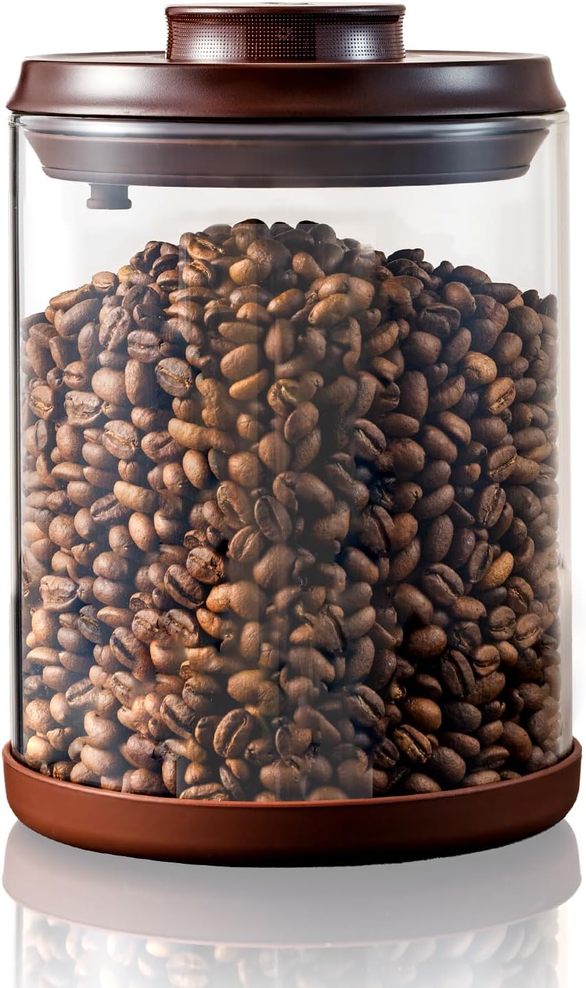 Large Coffee Canister 18 oz, Airtight Food Storage Container with Pop Lid, CO2-Release Valve, High Borosilicate Glass Contianers For Tea Coffee Bean Sugar, 1700 ml Brown