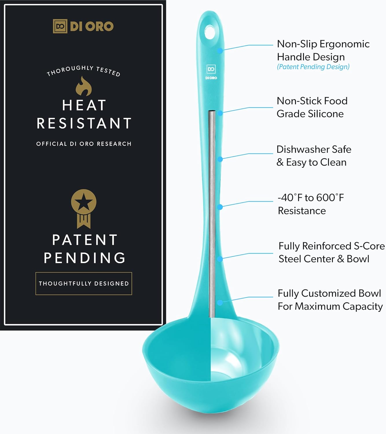 DI ORO Silicone Ladle - Heat-Resistant Large Kitchen Soup Spoon for Cooking & Serving - Nonstick Cookware Safe With Wide Bowl - Dishwasher Safe Utensil (Teal)