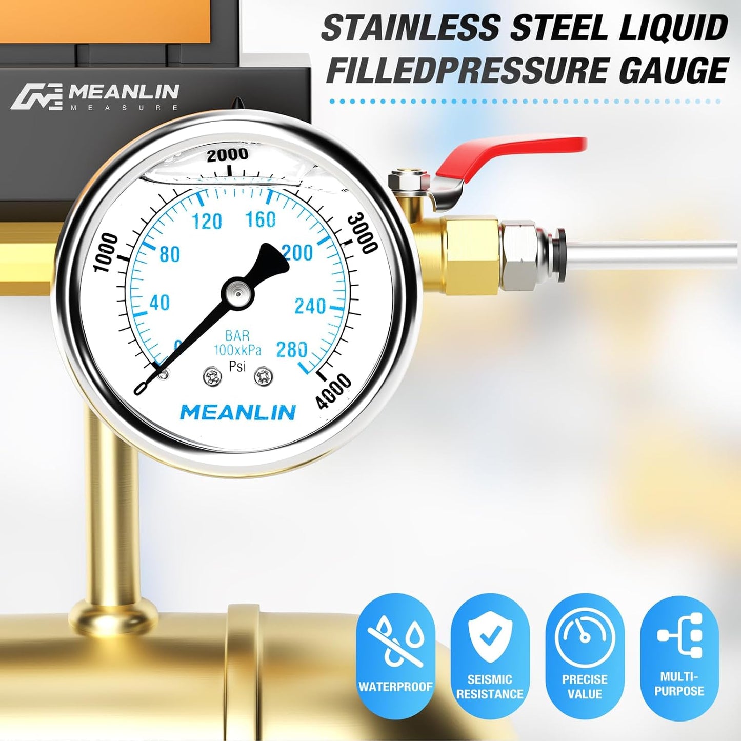 MEANLIN MEASURE 0~4000Psi Liquid Filled Pressure Gauge Stainless Steel with 316 Stainless Steel Joint 1/4" NPT 2.5" FACE DIAL for WOG Water Oil Air Center Back Mount