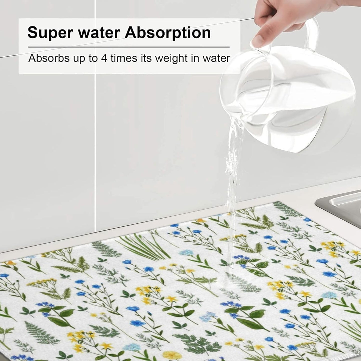 Blue Yellow Wildflower Dish Drying Mats for Kitchen Counter, Vintage Botanic Fern Leaves Floral Kitchen Drainer Pad, 18" x 24" Absorbent Microfiber Washable Reusable Dish Draining Mats, Home Decor