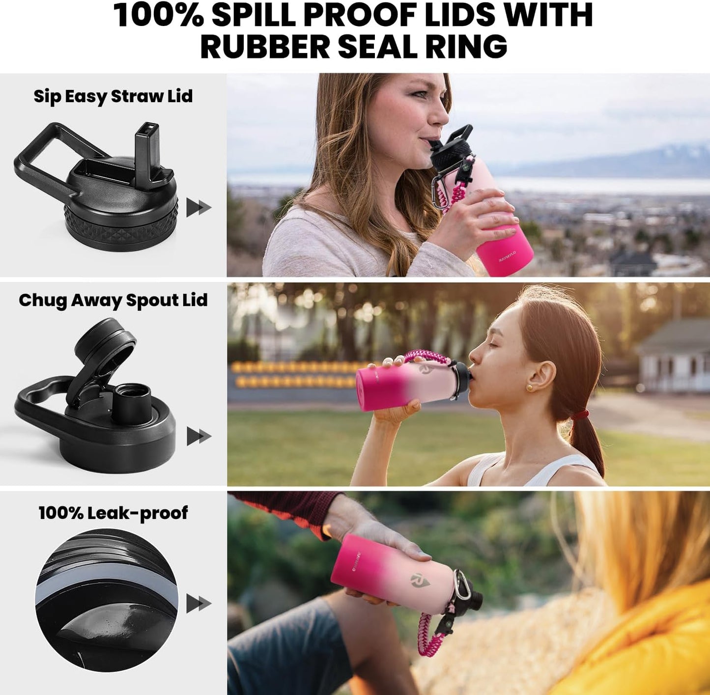 Insulated Water Bottle 32 oz, Triple Wall Vacuum Stainless Steel (Cold for 48 Hrs), Leak Proof & Non-BPA, Modern Water Flask Jug with Paracord Handle & Straw Spout Lids, Ombre Pink