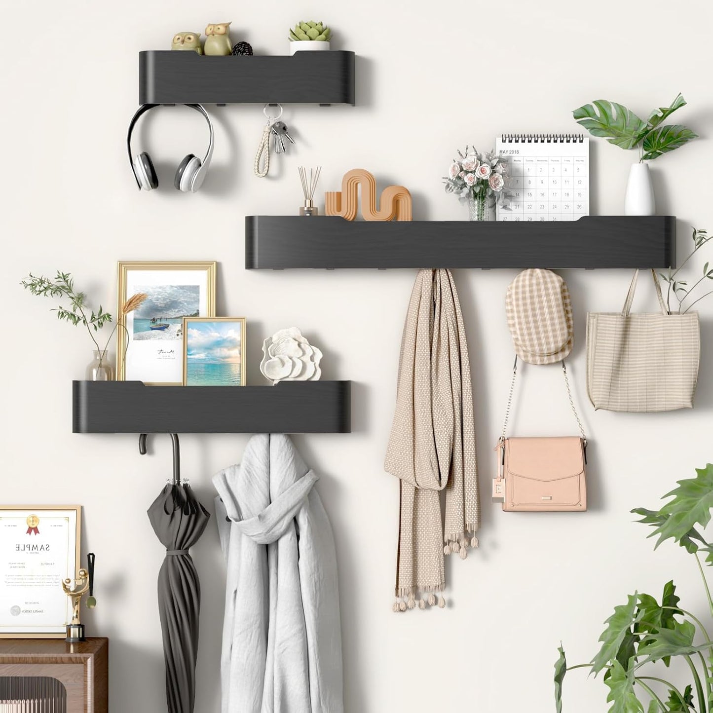 Coat Rack Wall Mount Entryway Organizer Modern Key Holder Wall Mount with Wooden Shelf Entryway Hooks for Bedroom Kitchen Hallway Bathroom for Hanging Coats Hats Bags Towels