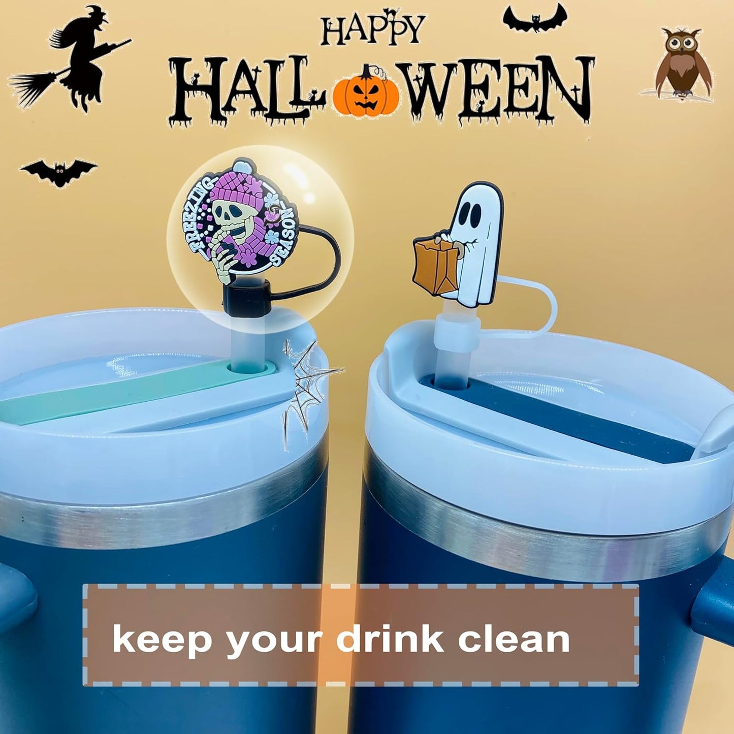 12 PCS Halloween Straw Toppers for Stanley 30&40 Oz Tumbler, 10mm/04in Straw Covers Cap for All 9-10mm Straws, Dust-Proof Reusable Protector Topper for Water Bottle