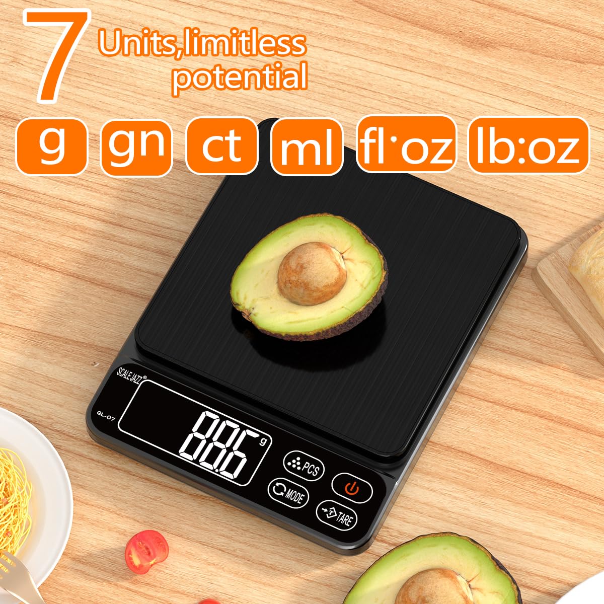 Mini Scale,6.6lb Scale for Grams,Digital Scale Food，Cooking Scale and Food Scales for Kitchen，Food Scale Grams and Ounces,Grams Scale,7Units,Auto Off,Tare,PCS,LCD Display