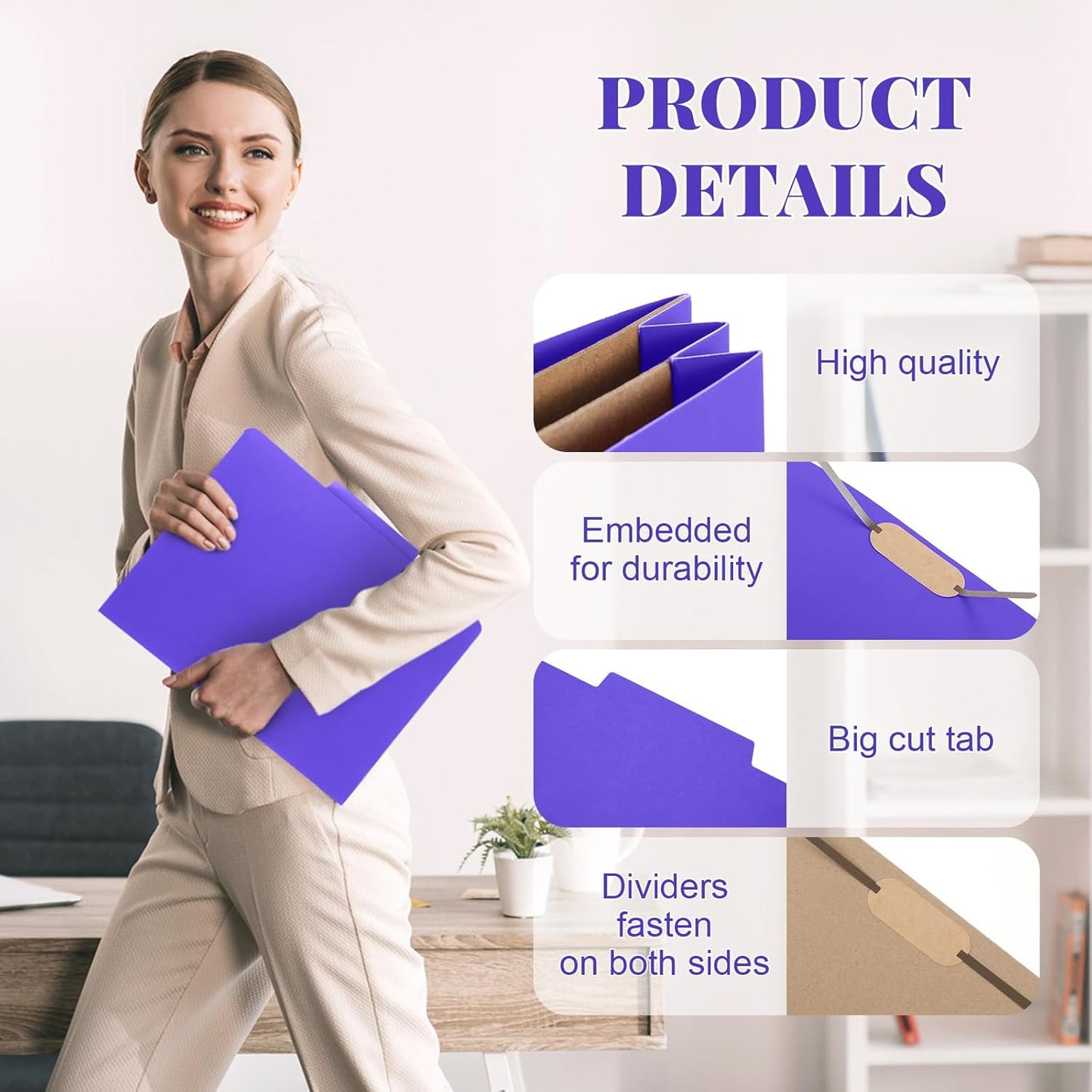12 Pcs Classification Folders Letter Size, Back to School Supply for Teacher, Student, 2 Pocket Dividers Pressboard File Folder Bulk with 2 Fasteners, 2 in Expanding File Organizer (Purple)