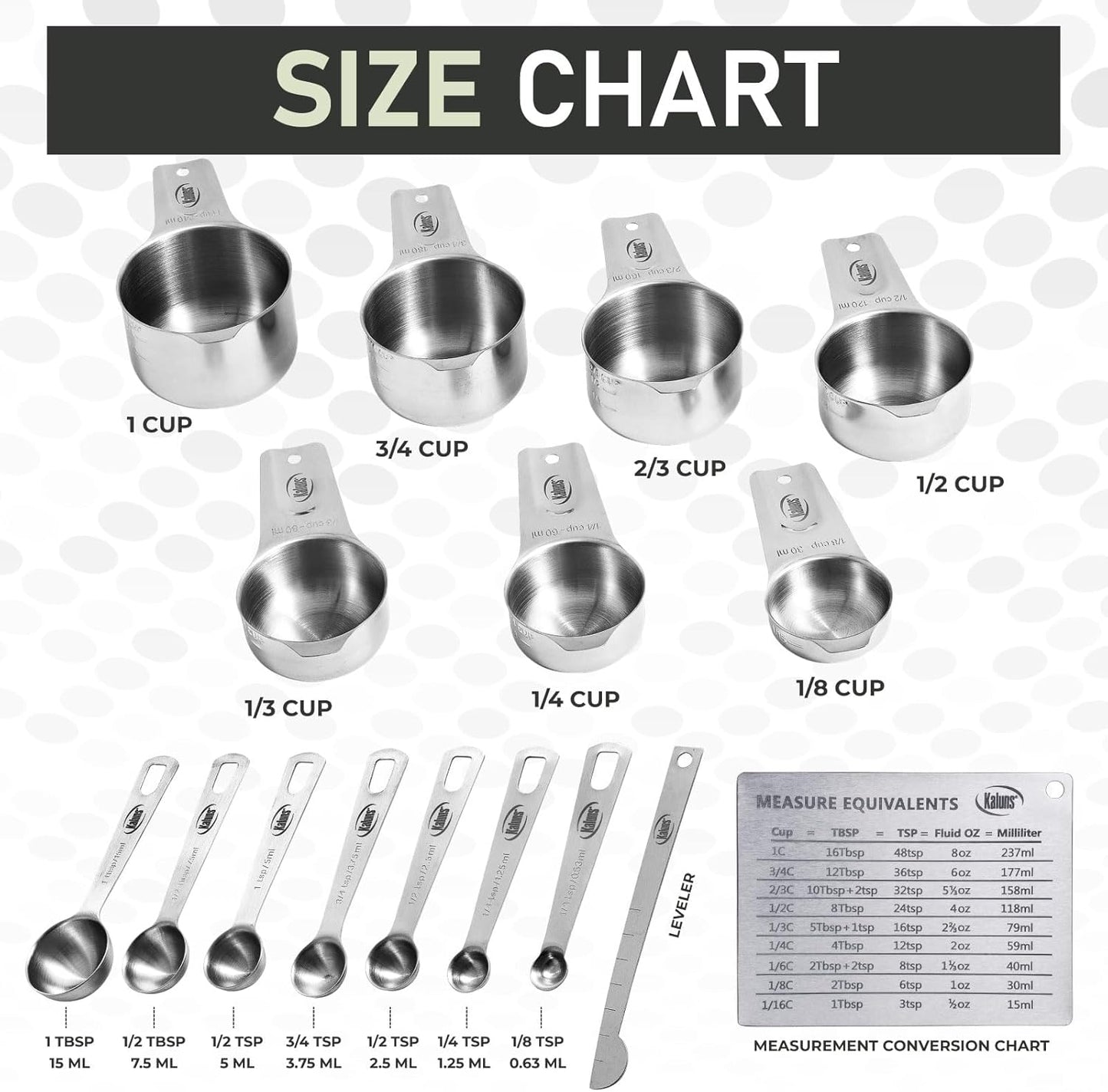 Kaluns Stainless Steel Measuring Cups, Measuring Spoons,16 Piece Measuring Cups and Spoons Set Includes Leveler and Measurements Card, Heavy-duty, Heat and Rust Resistant