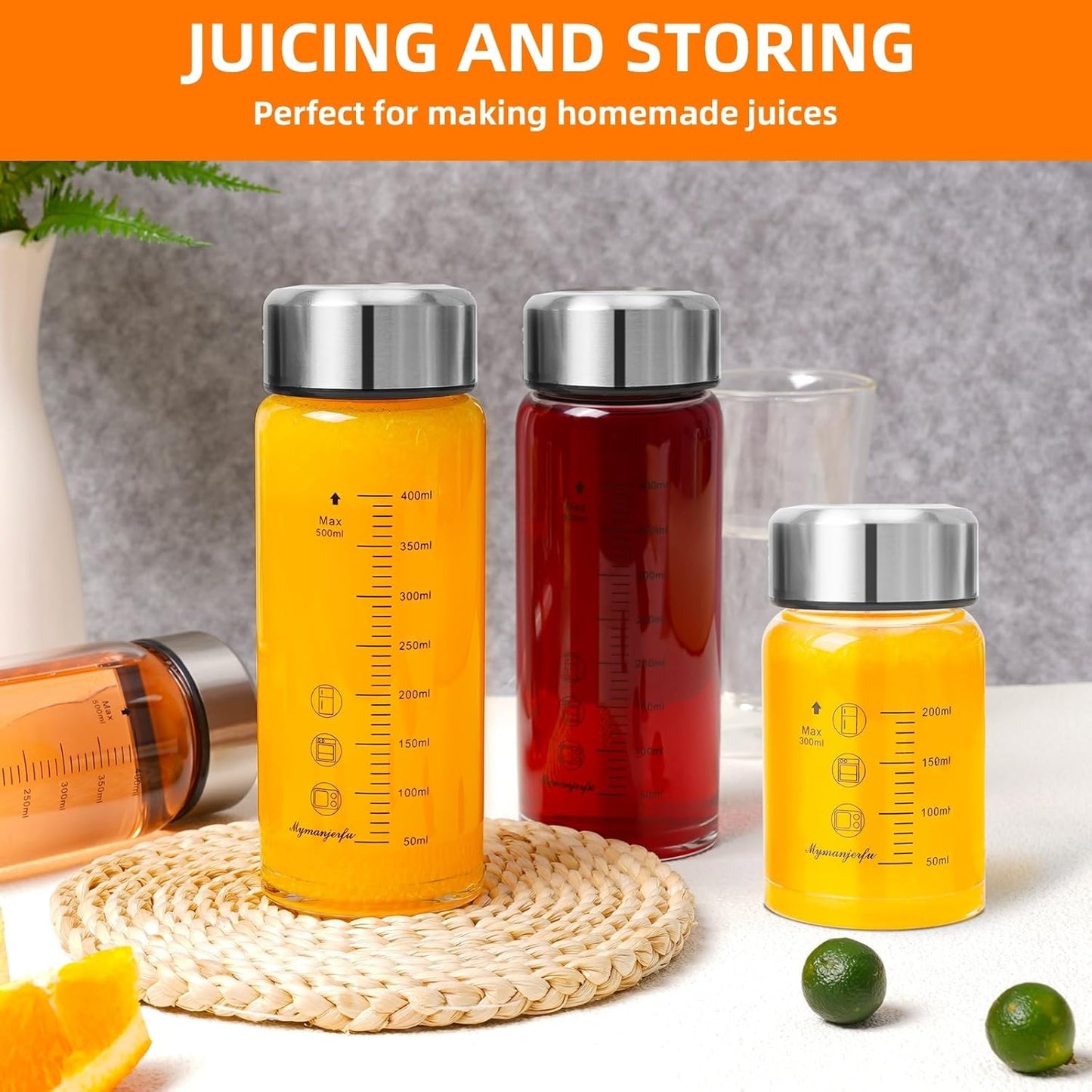 Glass Juice Bottles 4 Pack 20 oz - Wide Mouth Glass Water Bottles with Lids - for Juicing, Smoothies, Milk, Protein, BPA Free, Reusable, Stainless Steel Lids, Leak Proof, Shaker bottle (20oz/600ml)