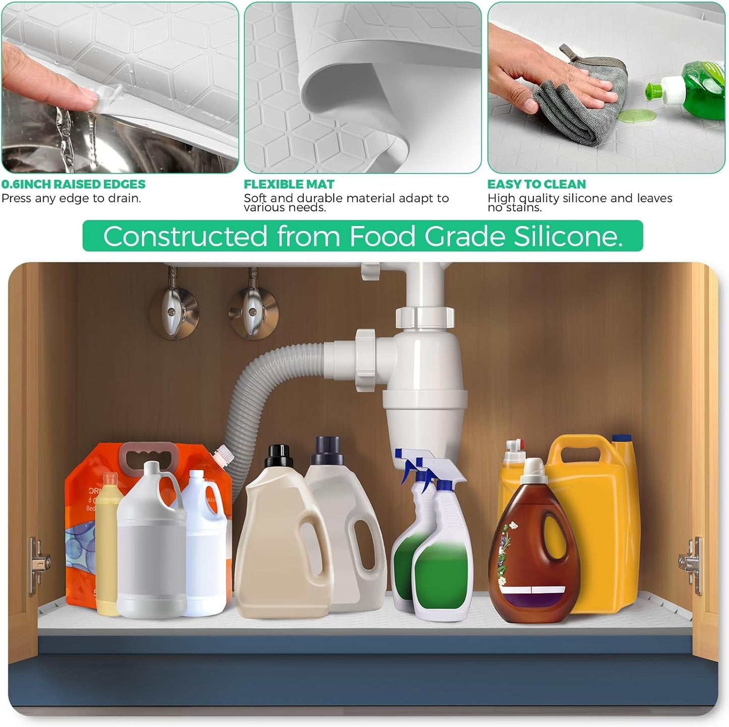 TRZZ Silicone Waterproof Under Sink Mat 31" x 22", Drip Tray and Cabinet Liner for Kitchen and Bathroom, Prevents Water Damage and Organizes Cabinets (Mint Green)