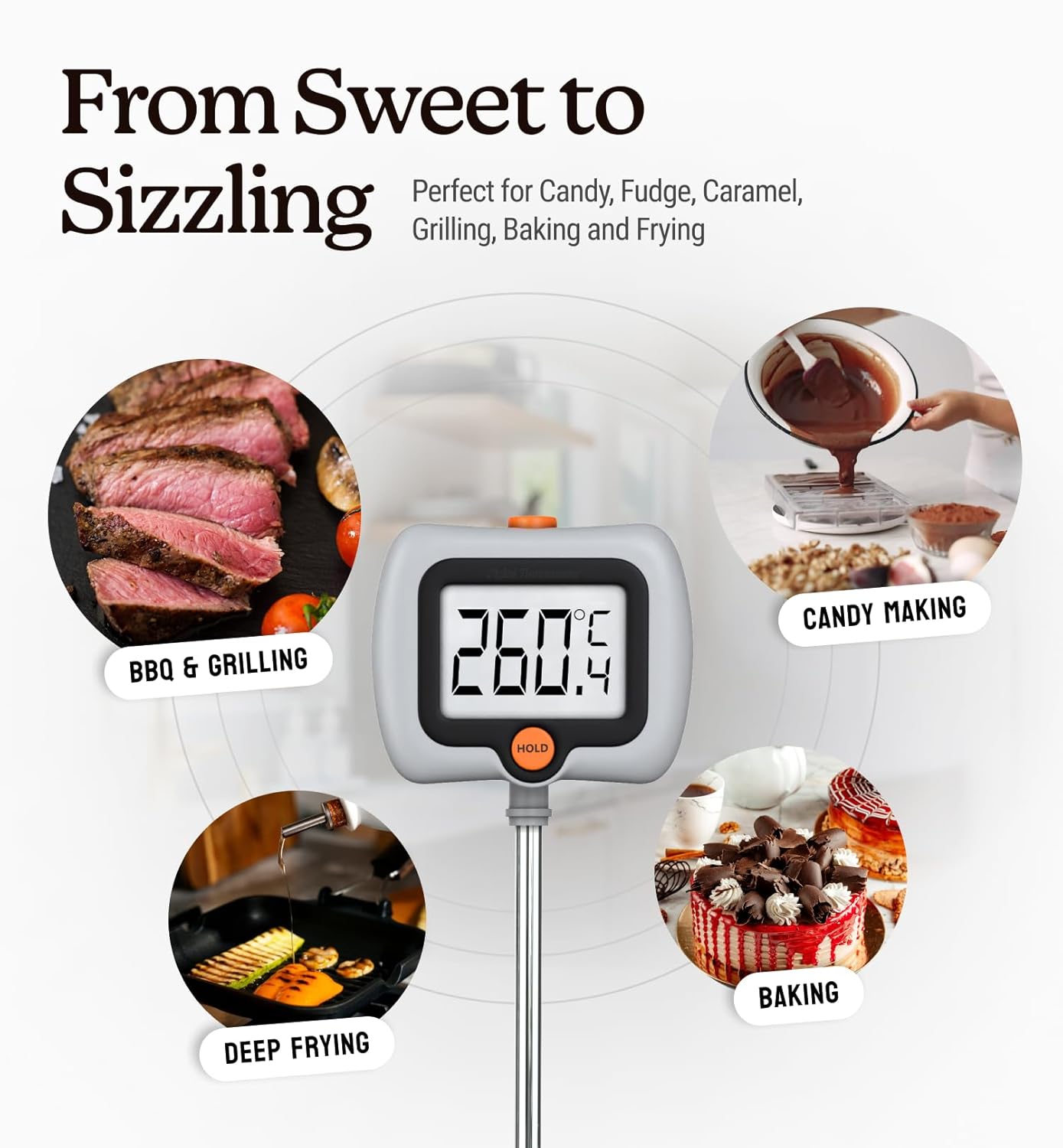 Digital Candy Thermometer with Pot Clip, 10" Long Stainless Steel Probe, Instant Read Kitchen Thermometer for Cooking, Baking, and Candy Making (Gray)