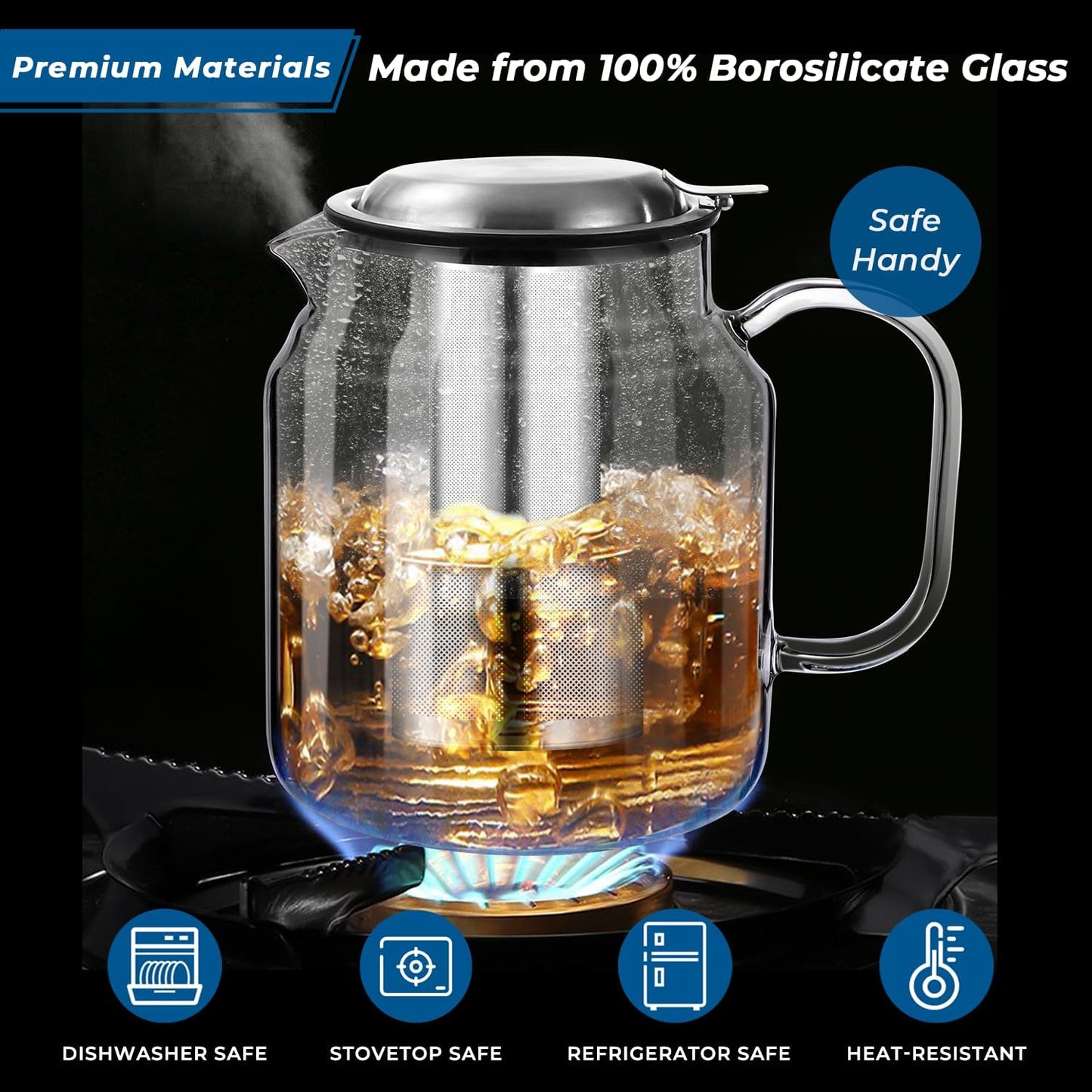 Aquach 68oz Glass Teapot with Stainless Steel Removable Infuser, Stovetop & Dishwasher Safe, Perfect for Brewing Loose Leaf Tea