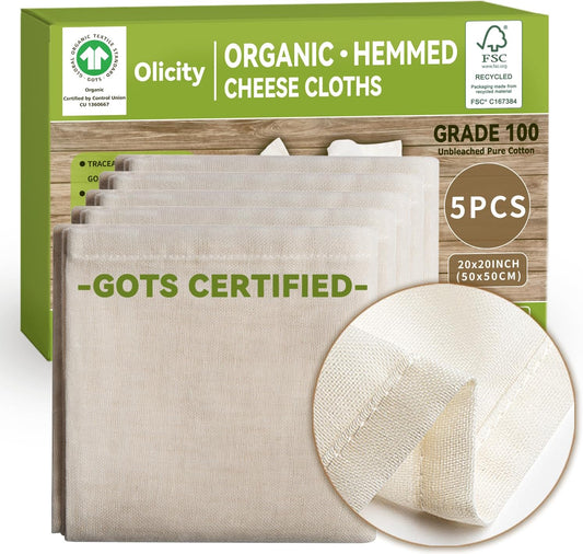 Organic Cheese Cloths, GOTS Certified, 5PCS, Grade 100, 20x20Inch Hemmed Cheese Cloth Fabric Reusable Fine Mesh Cloth, 100% Cotton Unbleached Muslin Cheesecloth for Straining, Cooking, Butter,Tofu,Tea